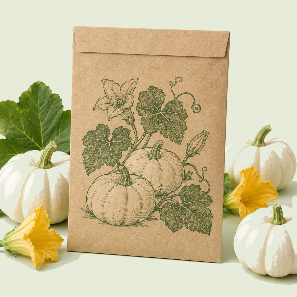 Kraft seed packet illustrated with Casperita Pumpkin, with fresh Casperita Pumpkin beside it