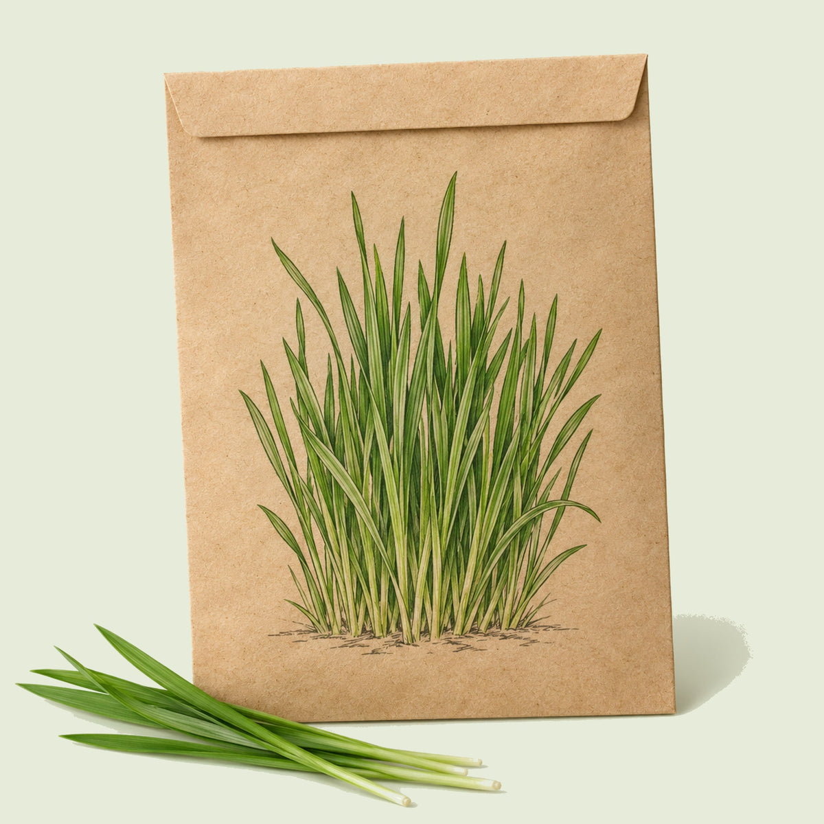 Kraft seed packet illustrated with Cat Grass Indoor Growing, with fresh Cat Grass Indoor Growing beside it