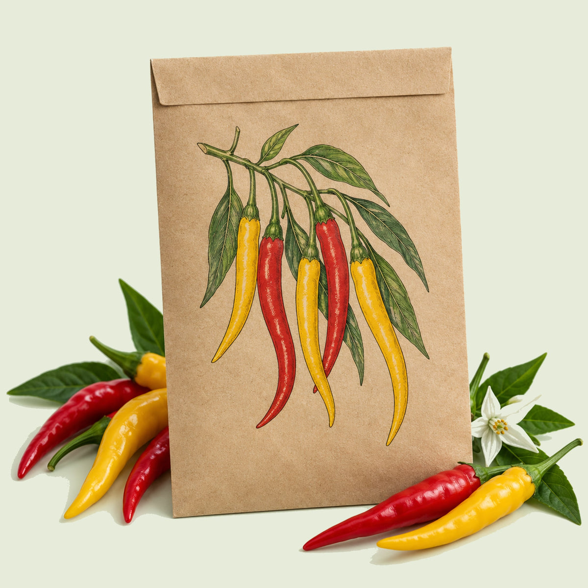 Kraft seed packet illustrated with Cayenne Blend Chile Pepper, with fresh Cayenne Blend Chile Pepper beside it
