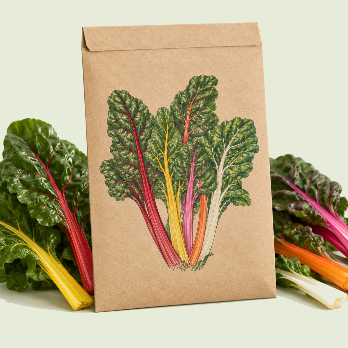 Kraft seed packet illustrated with Celebration Swiss Chard, with fresh Celebration Swiss Chard beside it