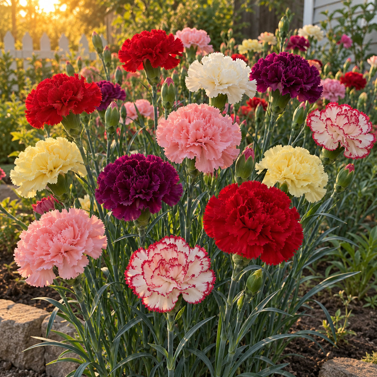 Chabaud Blend Carnation Seeds growing in a home garden