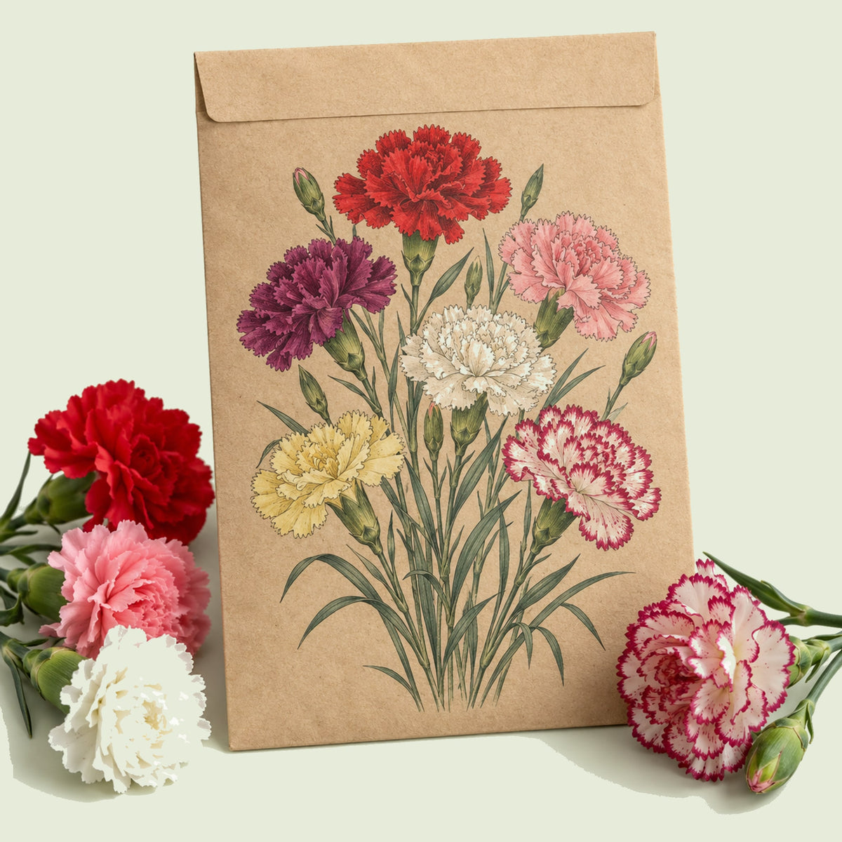 Kraft seed packet illustrated with Chabaud Blend Carnation, with fresh Chabaud Blend Carnation beside it