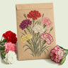 Kraft seed packet illustrated with Chabaud Blend Carnation, with fresh Chabaud Blend Carnation beside it