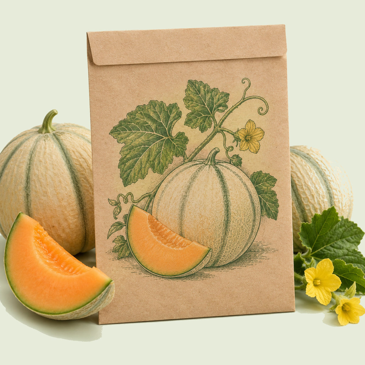 Kraft seed packet illustrated with Charentais Cantaloupe Melon, with fresh Charentais Cantaloupe Melon beside it