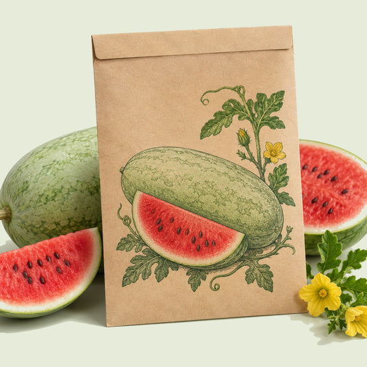 Kraft seed packet illustrated with Charleston Gray Watermelon, with fresh Charleston Gray Watermelon beside it