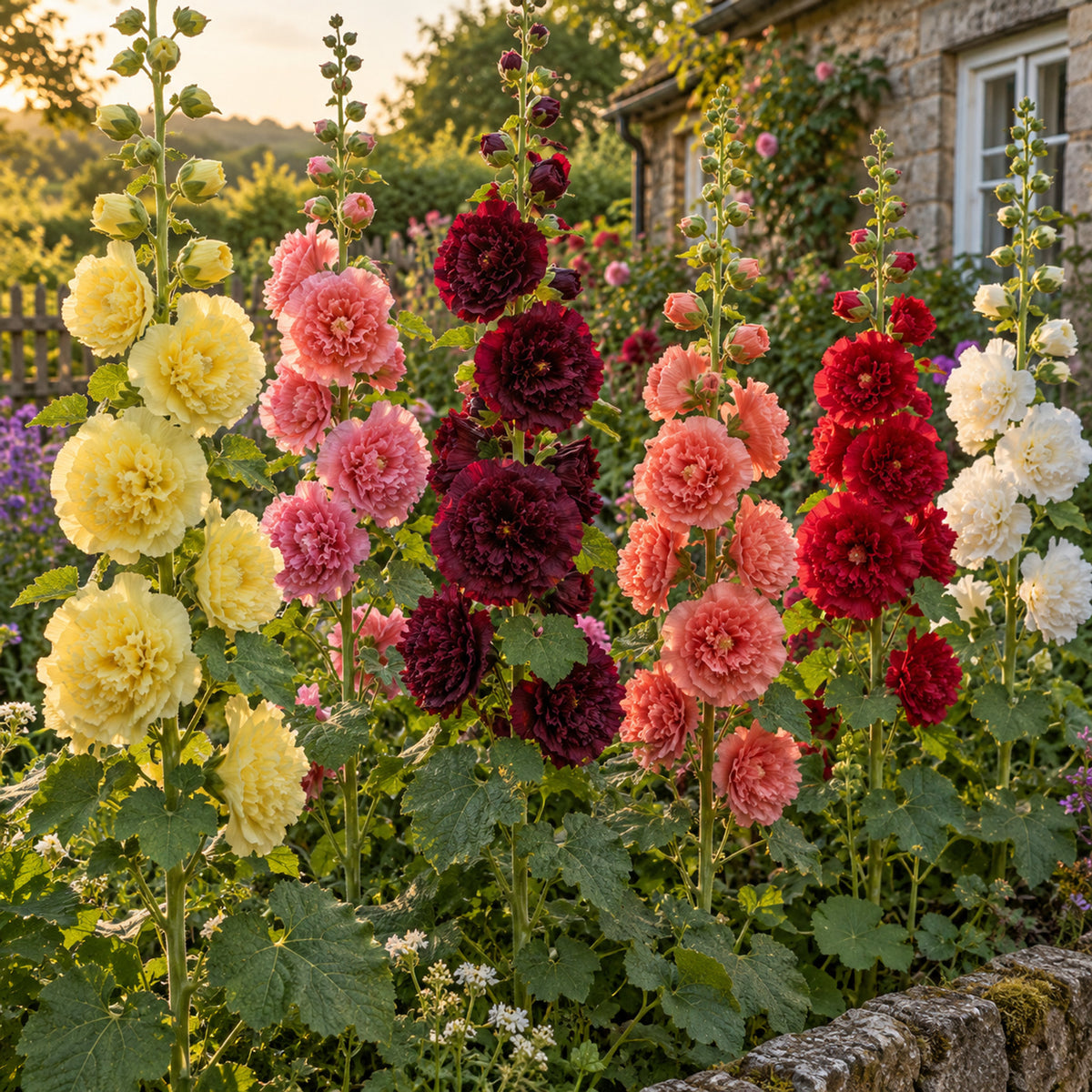 Chater's Double Hollyhock Seeds growing in a home garden