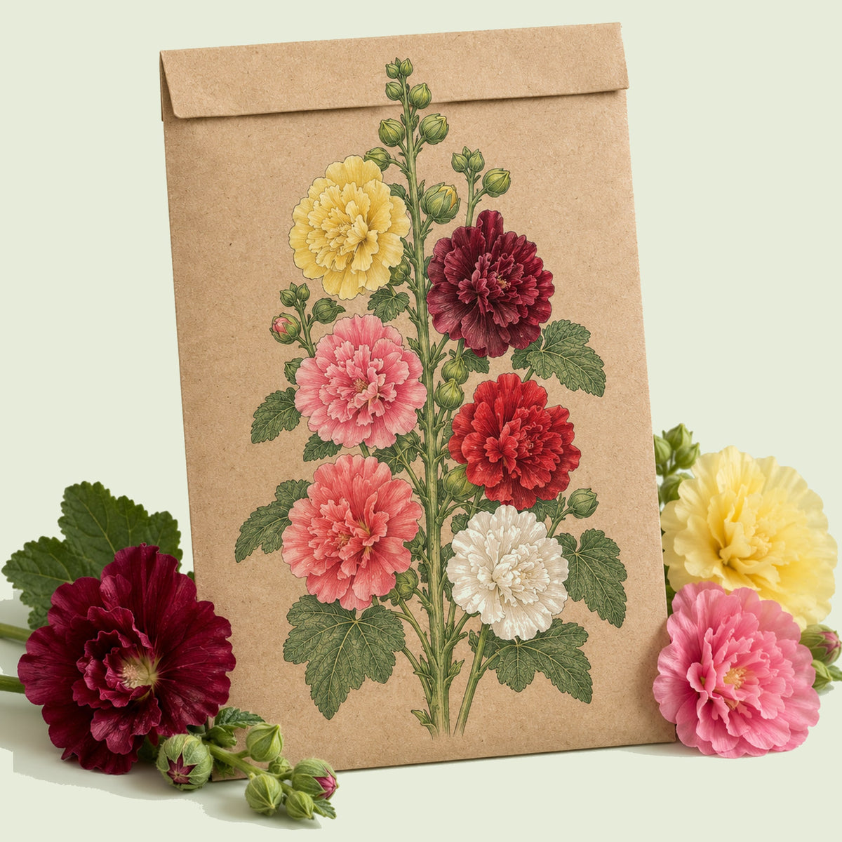 Kraft seed packet illustrated with Chater's Double Hollyhock, with fresh Chater's Double Hollyhock beside it
