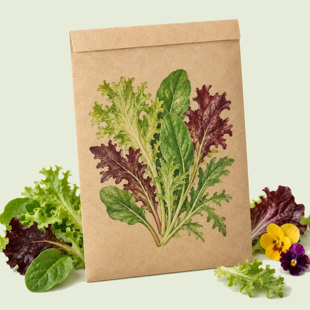 Kraft seed packet illustrated with Chef's Medley Mesclun Lettuce, with fresh Chef's Medley Mesclun Lettuce beside it