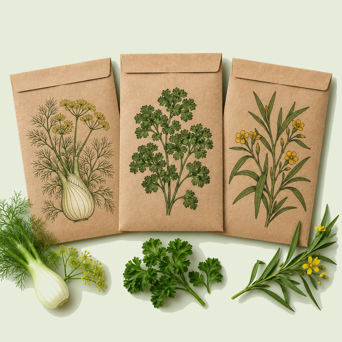 Kraft seed packet illustrated with Kitchen Herb Seed Bundle, with fresh Kitchen Herb Seed Bundle beside it