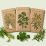 Kraft seed packet illustrated with Kitchen Herb Seed Bundle, with fresh Kitchen Herb Seed Bundle beside it
