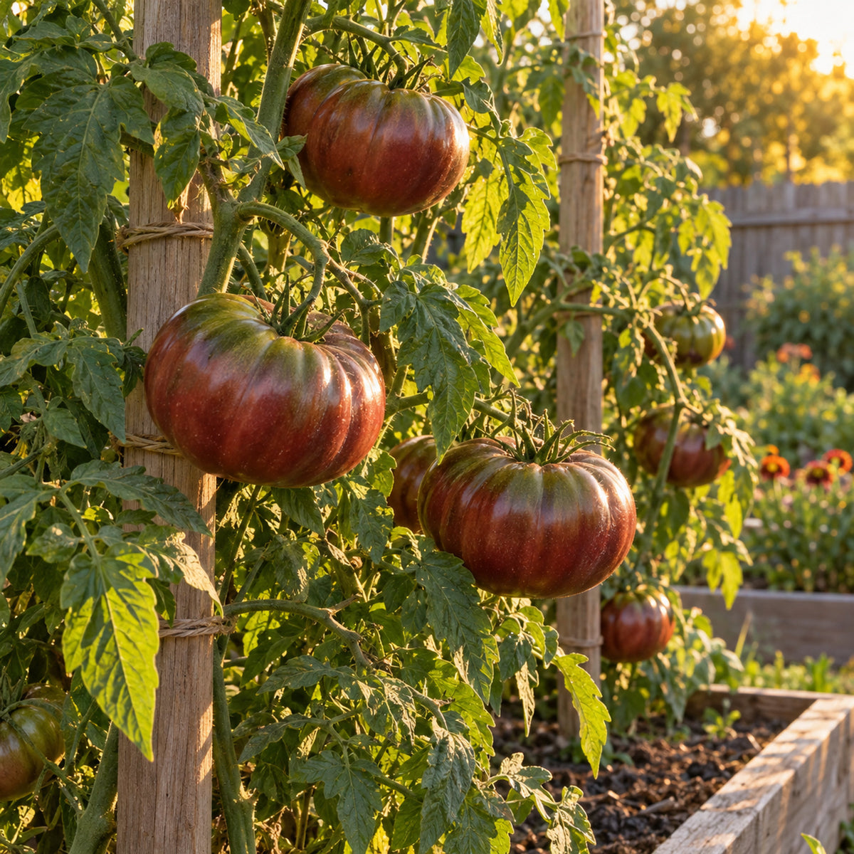 Cherokee Carbon Pole Tomato Seeds growing in a home garden