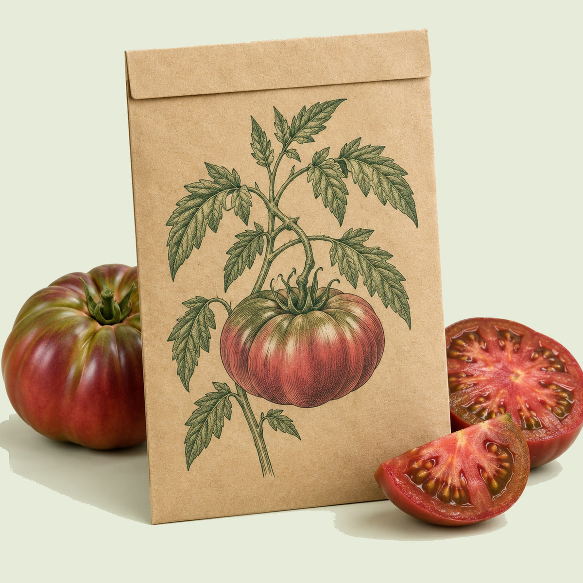 Kraft seed packet illustrated with Cherokee Carbon Pole Tomato, with fresh Cherokee Carbon Pole Tomato beside it