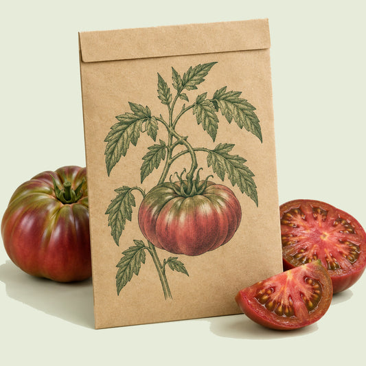 Kraft seed packet illustrated with Cherokee Carbon Pole Tomato, with fresh Cherokee Carbon Pole Tomato beside it