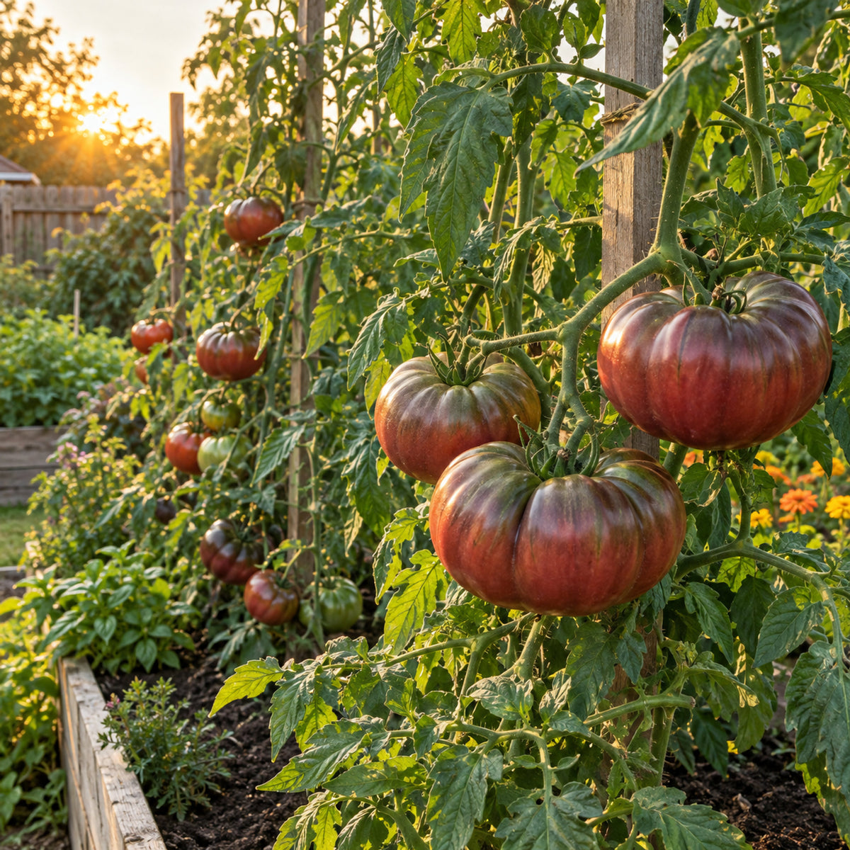 Cherokee Purple Pole Tomato Seeds growing in a home garden
