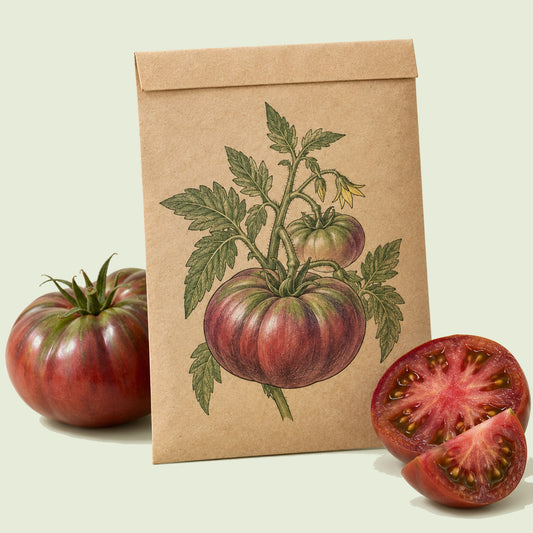 Kraft seed packet illustrated with Cherokee Purple Pole Tomato, with fresh Cherokee Purple Pole Tomato beside it