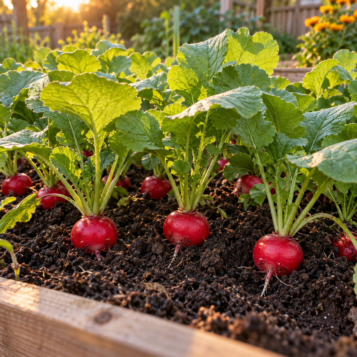 Cherry Belle Radish Heirloom Seeds growing in a home garden