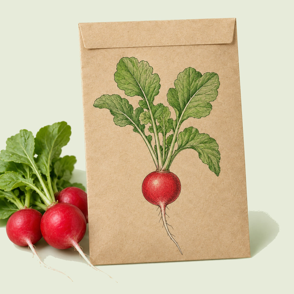 Kraft seed packet illustrated with Cherry Belle Radish Heirloom, with fresh Cherry Belle Radish Heirloom beside it