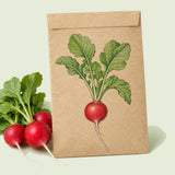 Kraft seed packet illustrated with Cherry Belle Radish Heirloom, with fresh Cherry Belle Radish Heirloom beside it