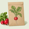 Kraft seed packet illustrated with Cherry Belle Radish Heirloom, with fresh Cherry Belle Radish Heirloom beside it