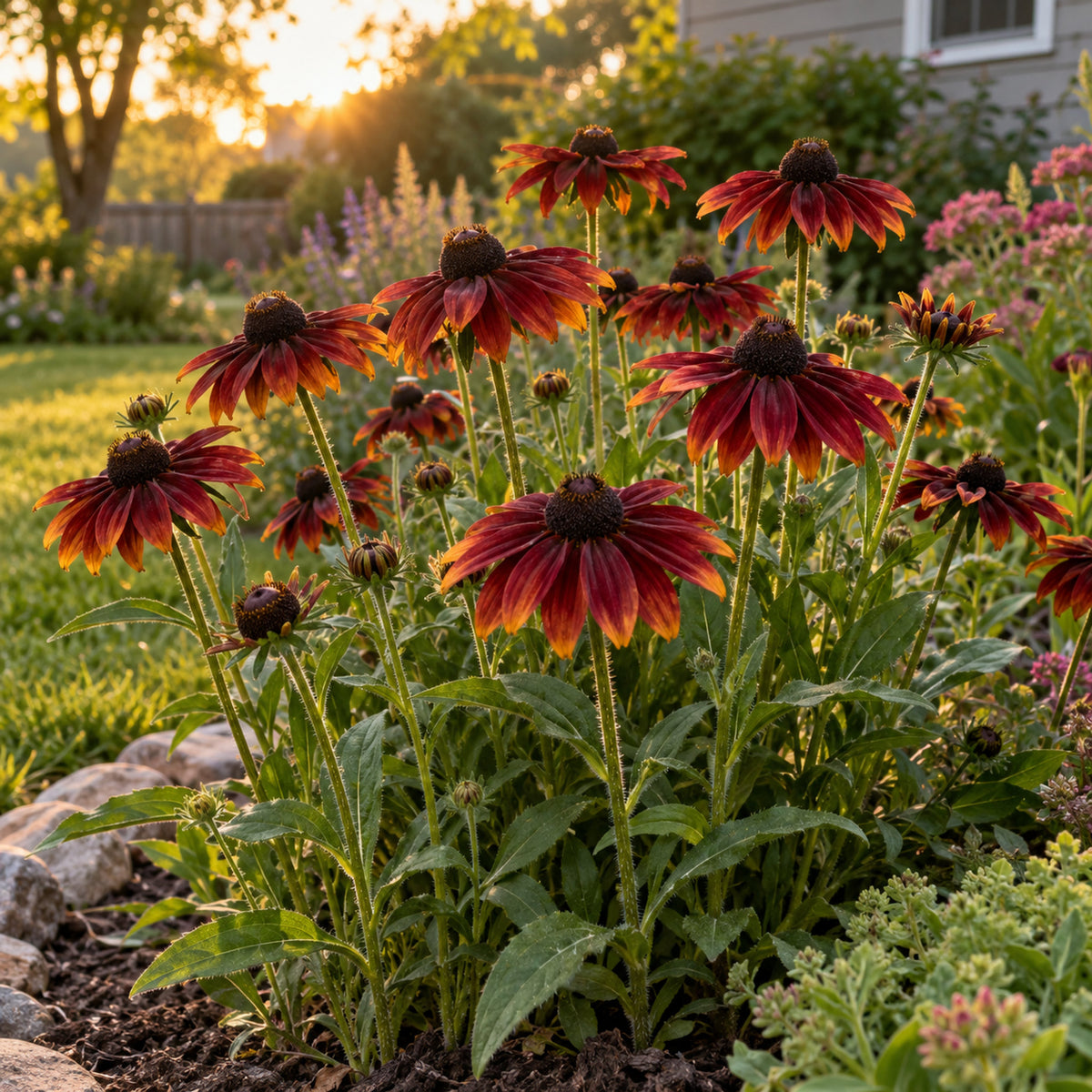 Cherry Brandy Black Eyed Susan Seeds growing in a home garden