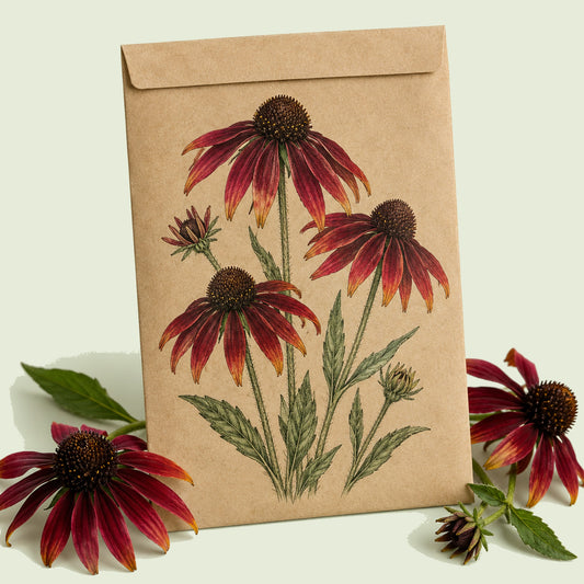 Kraft seed packet illustrated with Cherry Brandy Black Eyed Susan, with fresh Cherry Brandy Black Eyed Susan beside it