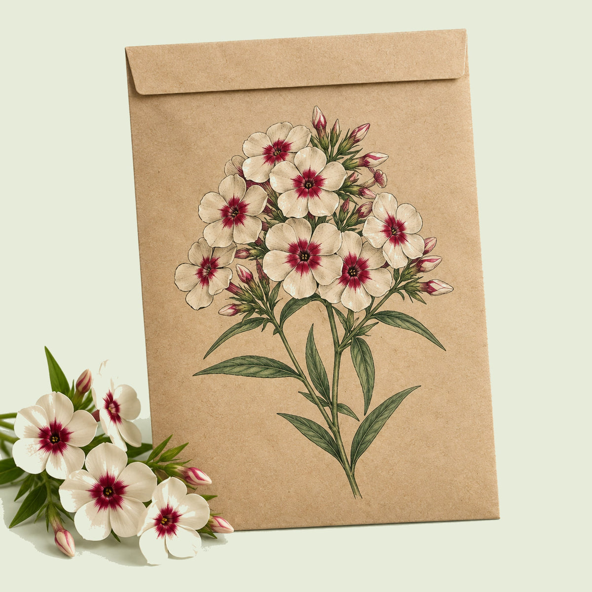 Kraft seed packet illustrated with Cherry Caramel Phlox, with fresh Cherry Caramel Phlox beside it