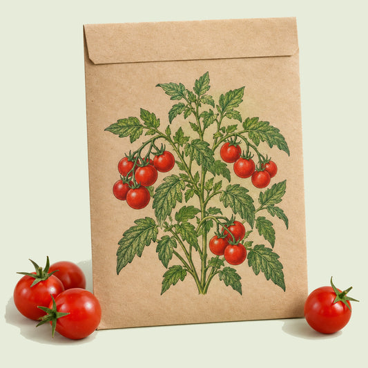 Kraft seed packet illustrated with Cherry Falls Bush Cherry Tomato, with fresh Cherry Falls Bush Cherry Tomato beside it