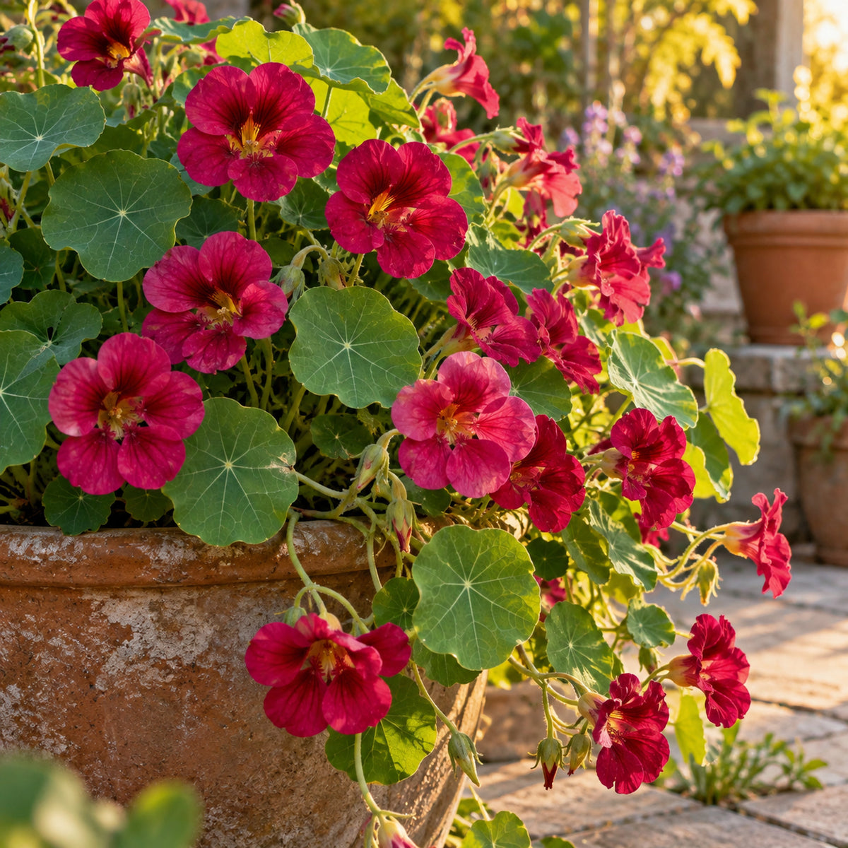 Cherry Rose Jewel Nasturtium Seeds growing in a home garden