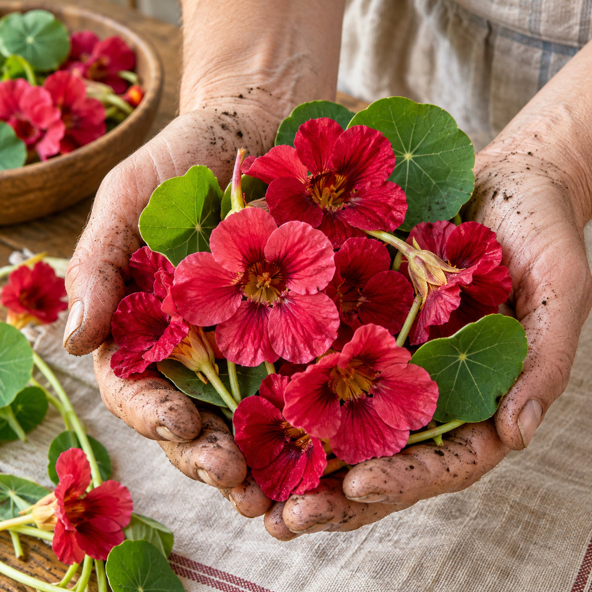 Cherry Rose Jewel Nasturtium Seeds harvest up close