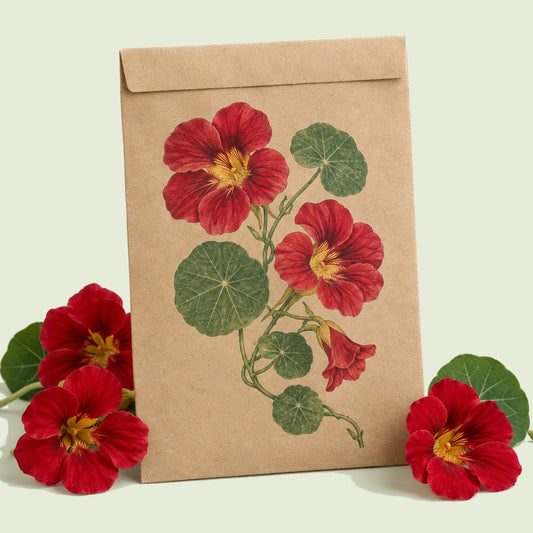 Kraft seed packet illustrated with Cherry Rose Jewel Nasturtium, with fresh Cherry Rose Jewel Nasturtium beside it