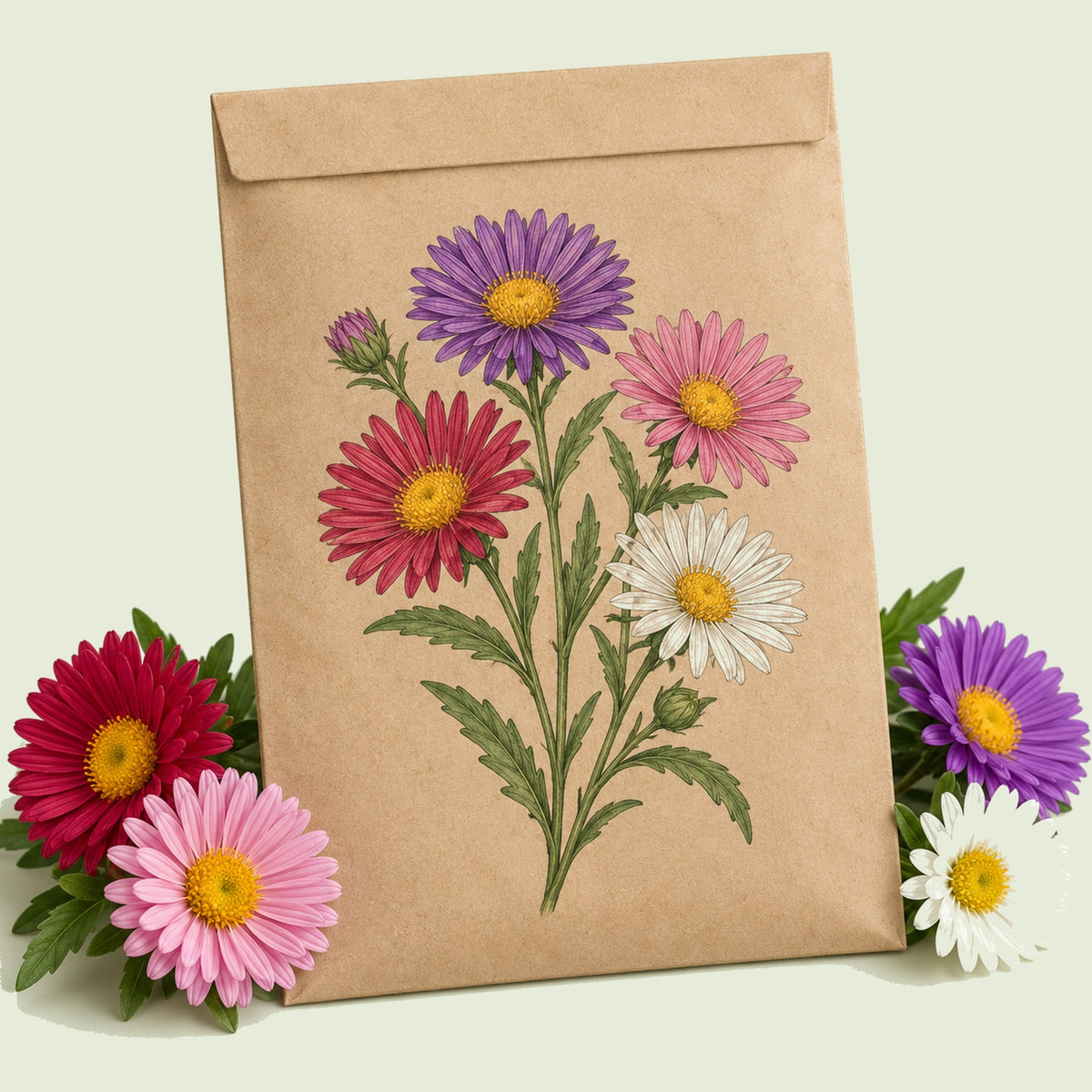 Kraft seed packet illustrated with China Aster Blend Aster, with fresh China Aster Blend Aster beside it