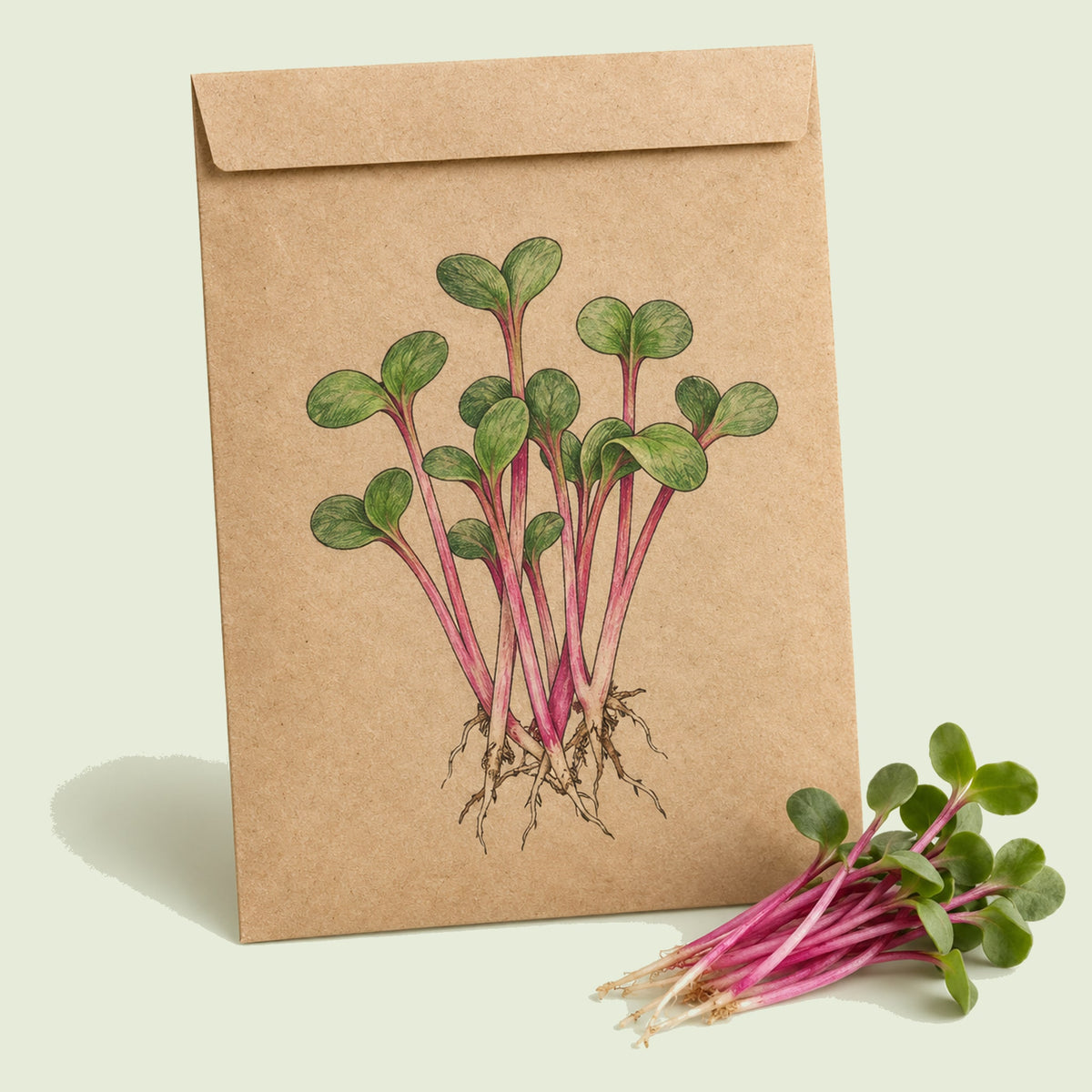 Kraft seed packet illustrated with China Rose Radish Sprouts, with fresh China Rose Radish Sprouts beside it