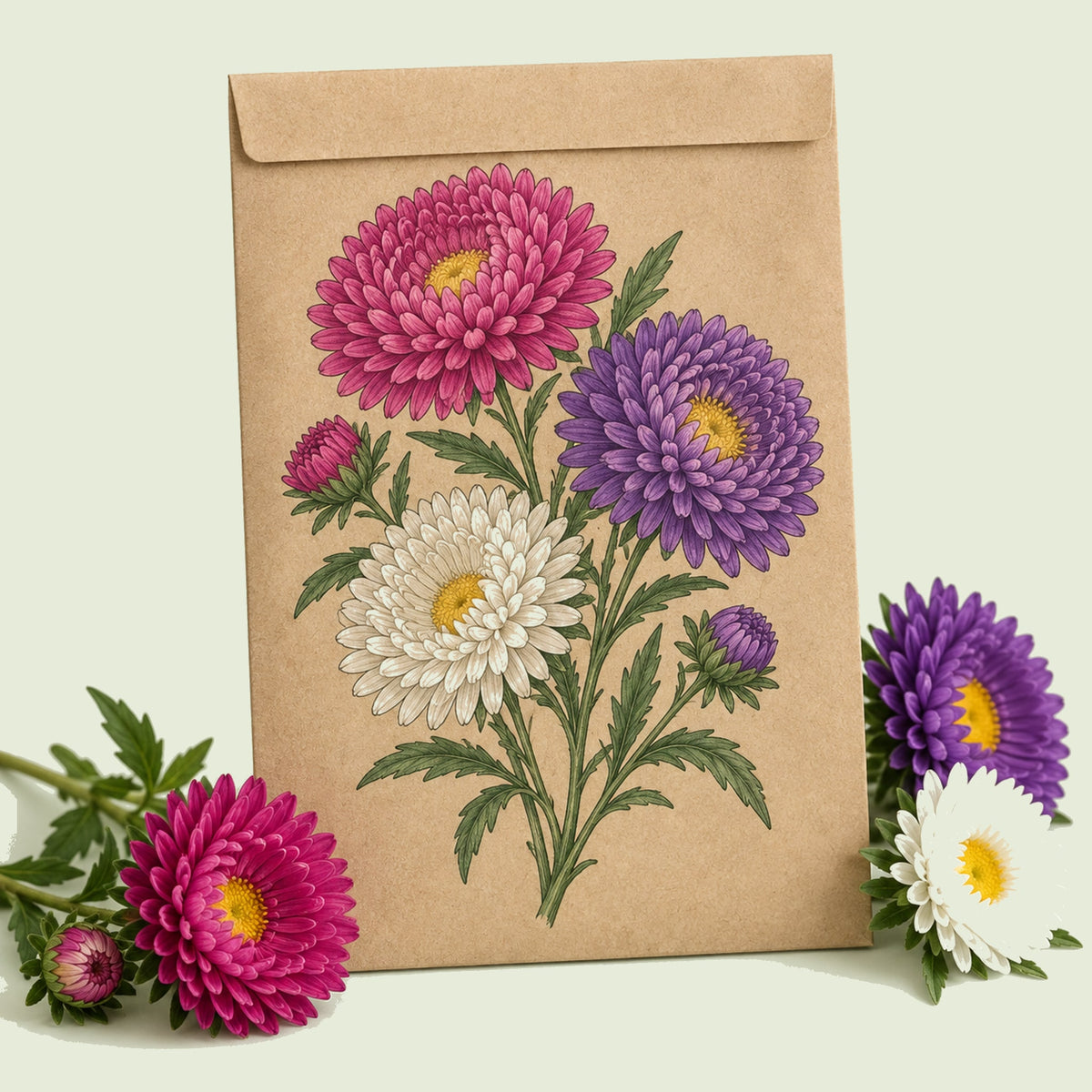 Kraft seed packet illustrated with Chinese Aster, with fresh Chinese Aster beside it