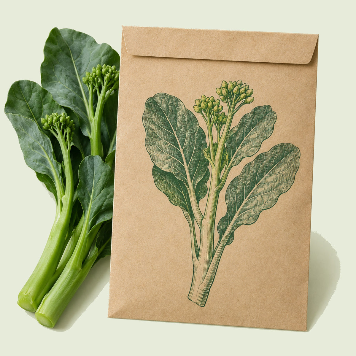 Kraft seed packet illustrated with Chinese Broccoli / Kailaan, with fresh Chinese Broccoli / Kailaan beside it