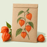 Kraft seed packet illustrated with Chinese Lantern, with fresh Chinese Lantern beside it