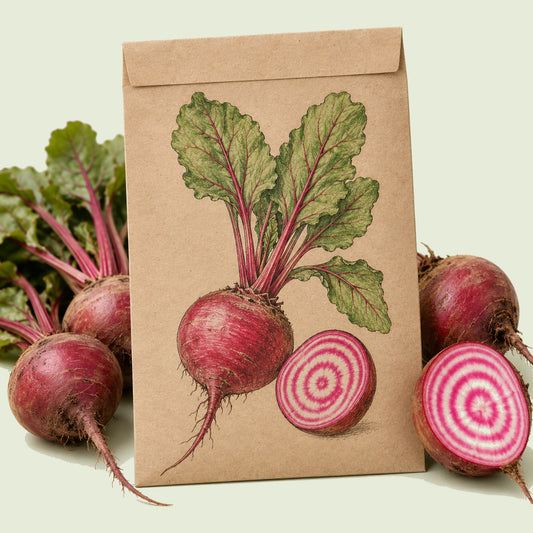 Kraft seed packet illustrated with Chioggia Beet, with fresh Chioggia Beet beside it