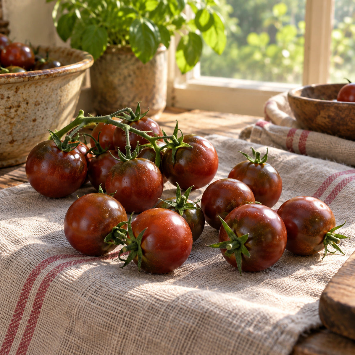 Chocolate Cherry Pole Cherry Tomato Seeds harvest up close