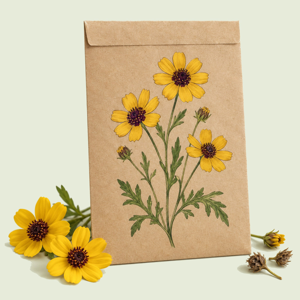 Kraft seed packet illustrated with Chocolate Flower, with fresh Chocolate Flower beside it