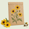 Kraft seed packet illustrated with Chocolate Flower, with fresh Chocolate Flower beside it