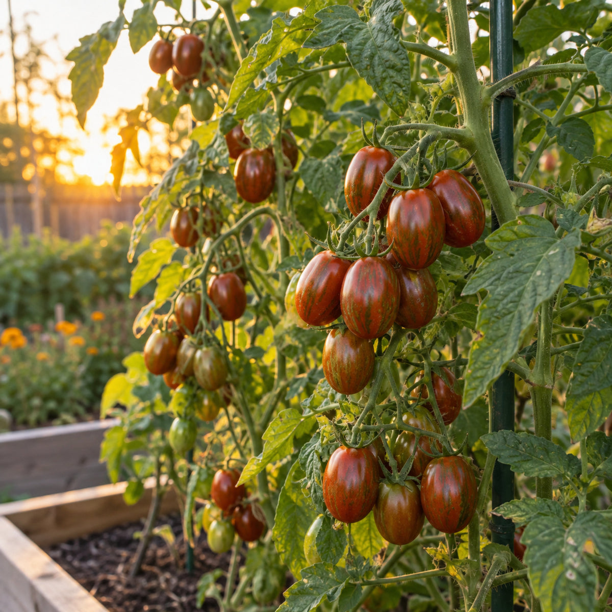 Chocolate Sprinkles Pole Cherry Tomato Seeds growing in a home garden
