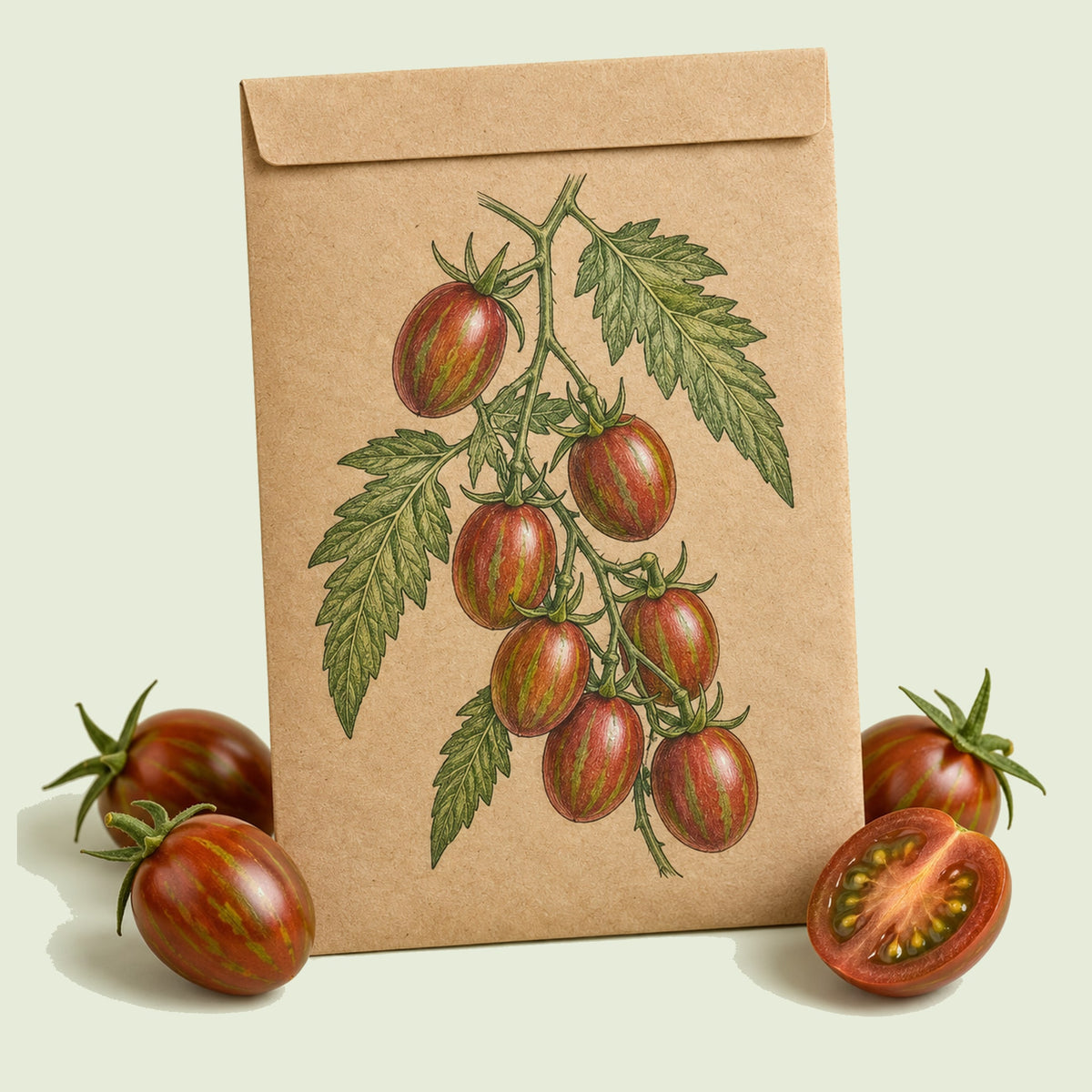 Kraft seed packet illustrated with Chocolate Sprinkles Pole Cherry Tomato, with fresh Chocolate Sprinkles Pole Cherry Tomato beside it