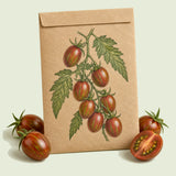 Kraft seed packet illustrated with Chocolate Sprinkles Pole Cherry Tomato, with fresh Chocolate Sprinkles Pole Cherry Tomato beside it