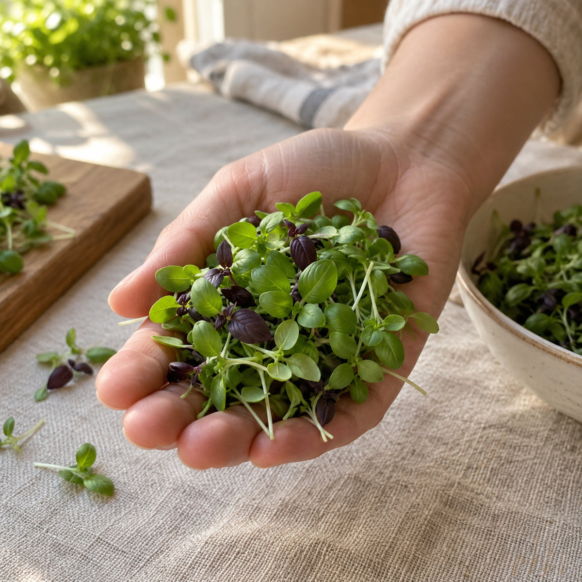 Ciao Bella Basil Blend Microgreens Seeds harvest up close