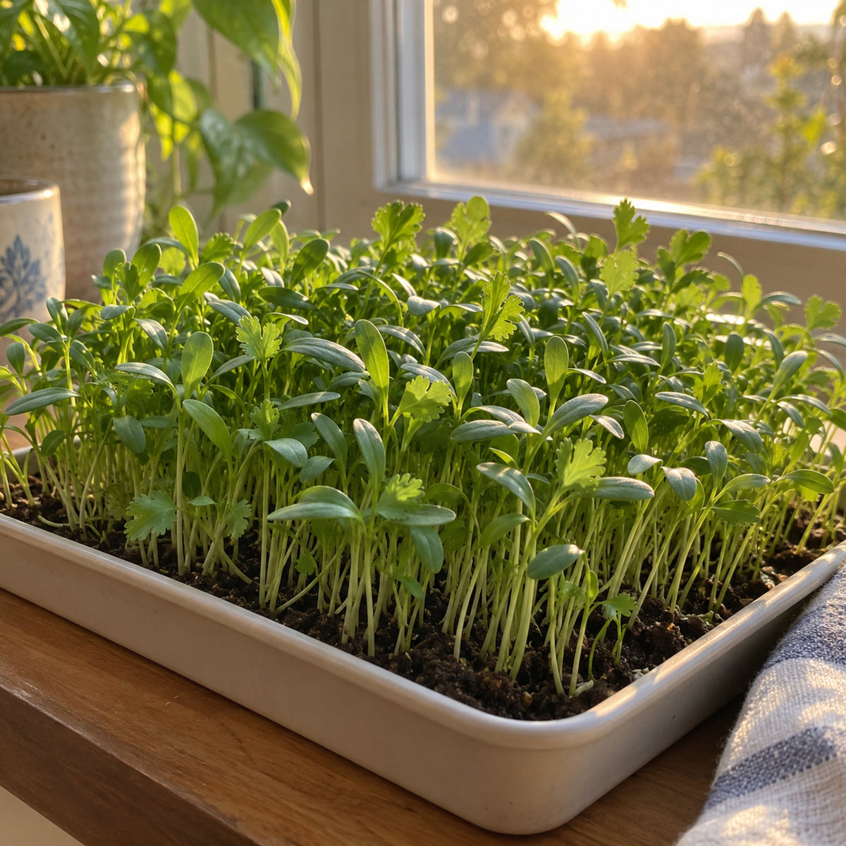 Cilantro Microgreens Seeds growing in a home garden