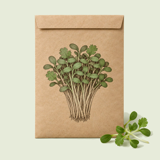 Kraft seed packet illustrated with Cilantro Microgreens, with fresh Cilantro Microgreens beside it