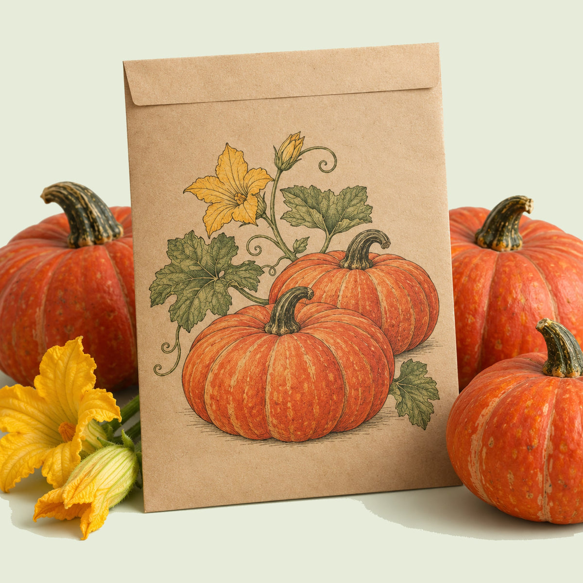 Kraft seed packet illustrated with Cinderella Pumpkin, with fresh Cinderella Pumpkin beside it