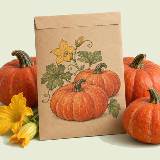 Kraft seed packet illustrated with Cinderella Pumpkin, with fresh Cinderella Pumpkin beside it
