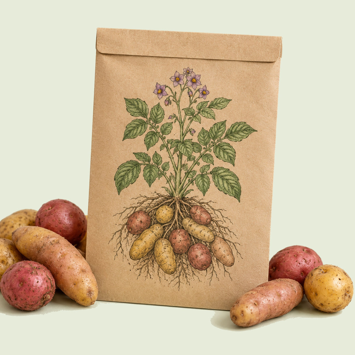 Kraft seed packet illustrated with Clancy Potato, with fresh Clancy Potato beside it
