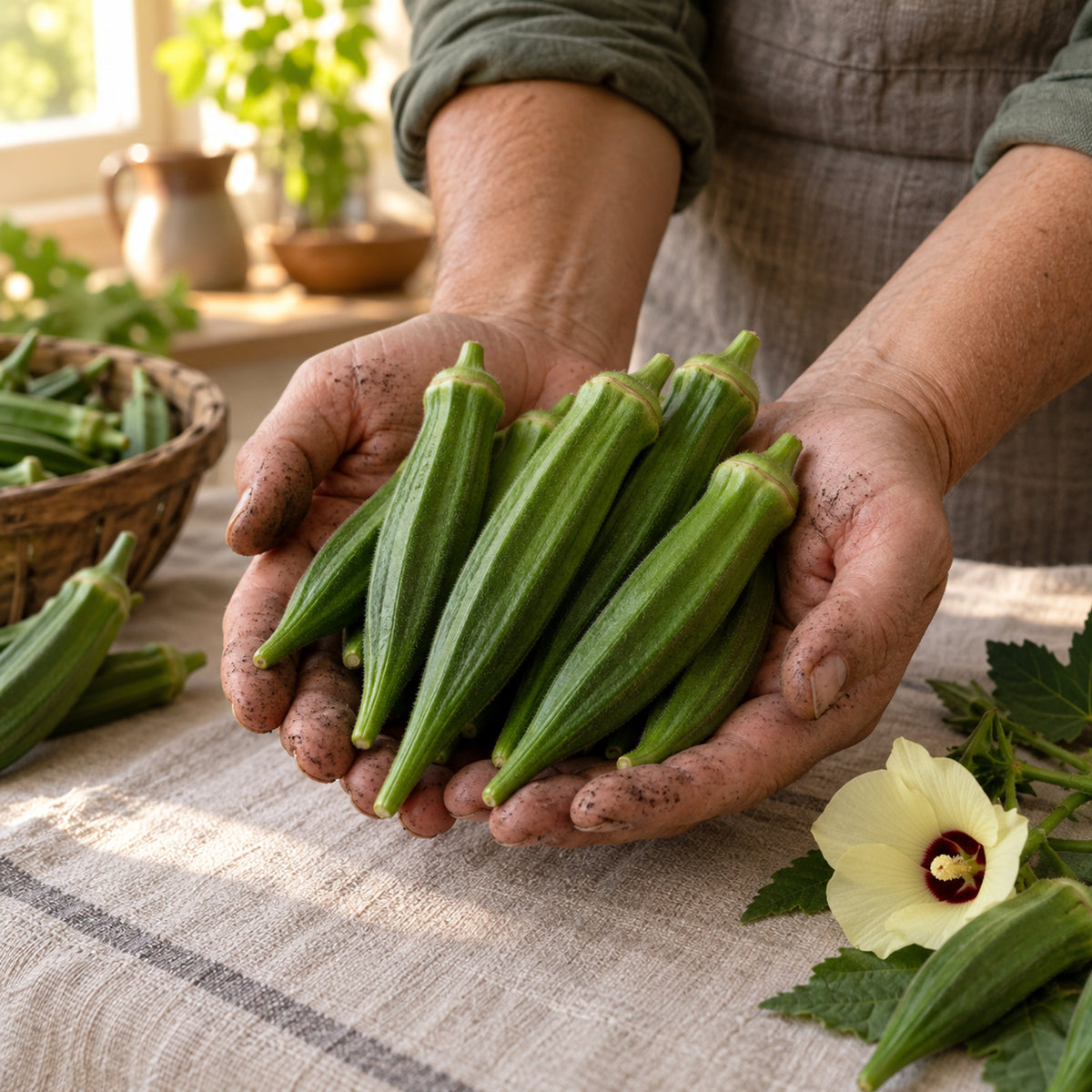 Clemson Spineless 80 Green Okra Seeds harvest up close