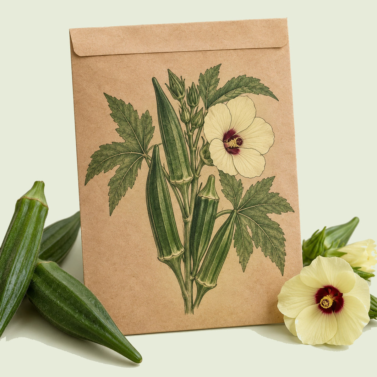 Kraft seed packet illustrated with Clemson Spineless 80 Green Okra, with fresh Clemson Spineless 80 Green Okra beside it